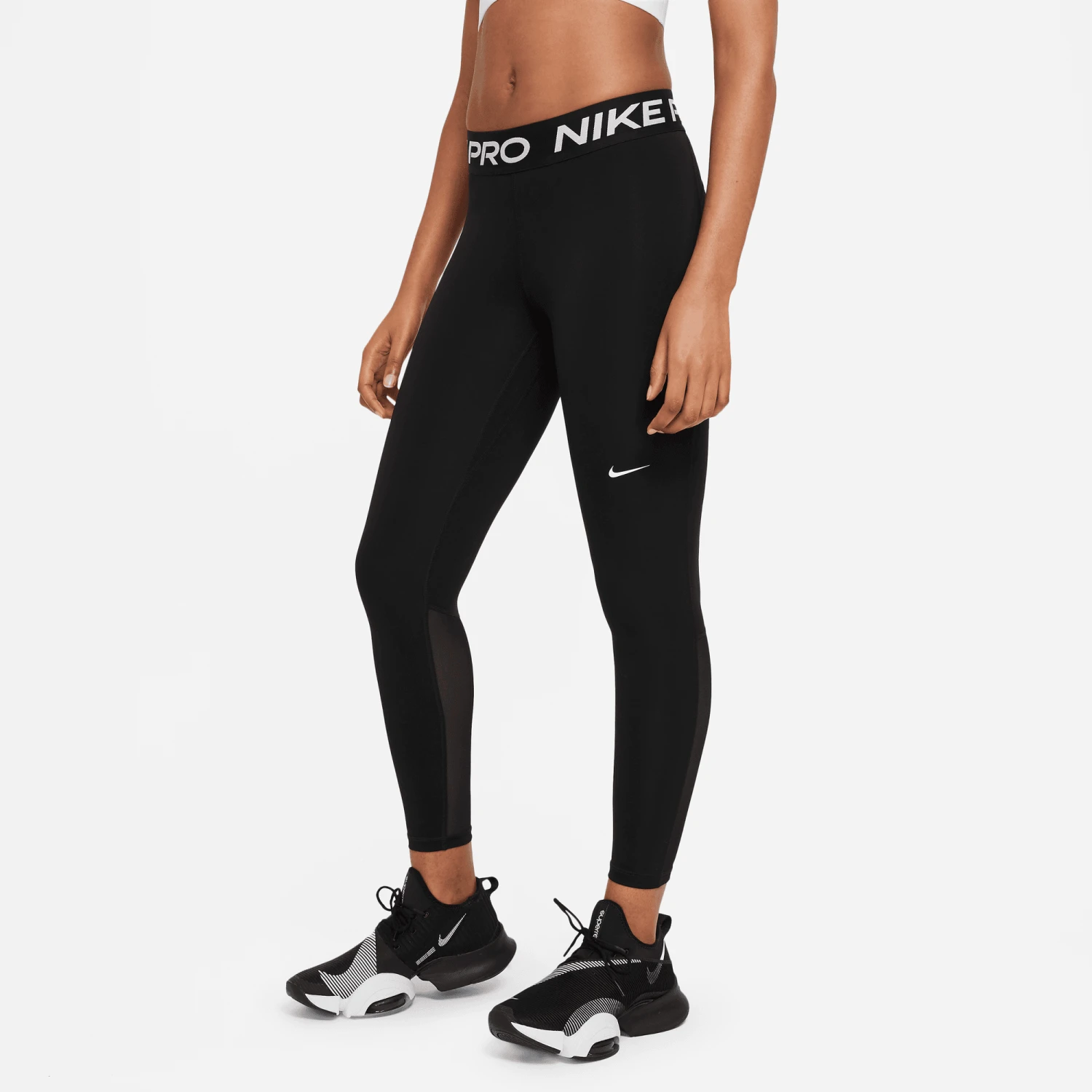 Nike Women's Pro Mid-Rise Mesh-Paneled Leggings (010 - Black/White) 2 Nike Women's Pro Mid-Rise Mesh-Paneled Leggings (010 - Black/White) - Image 2