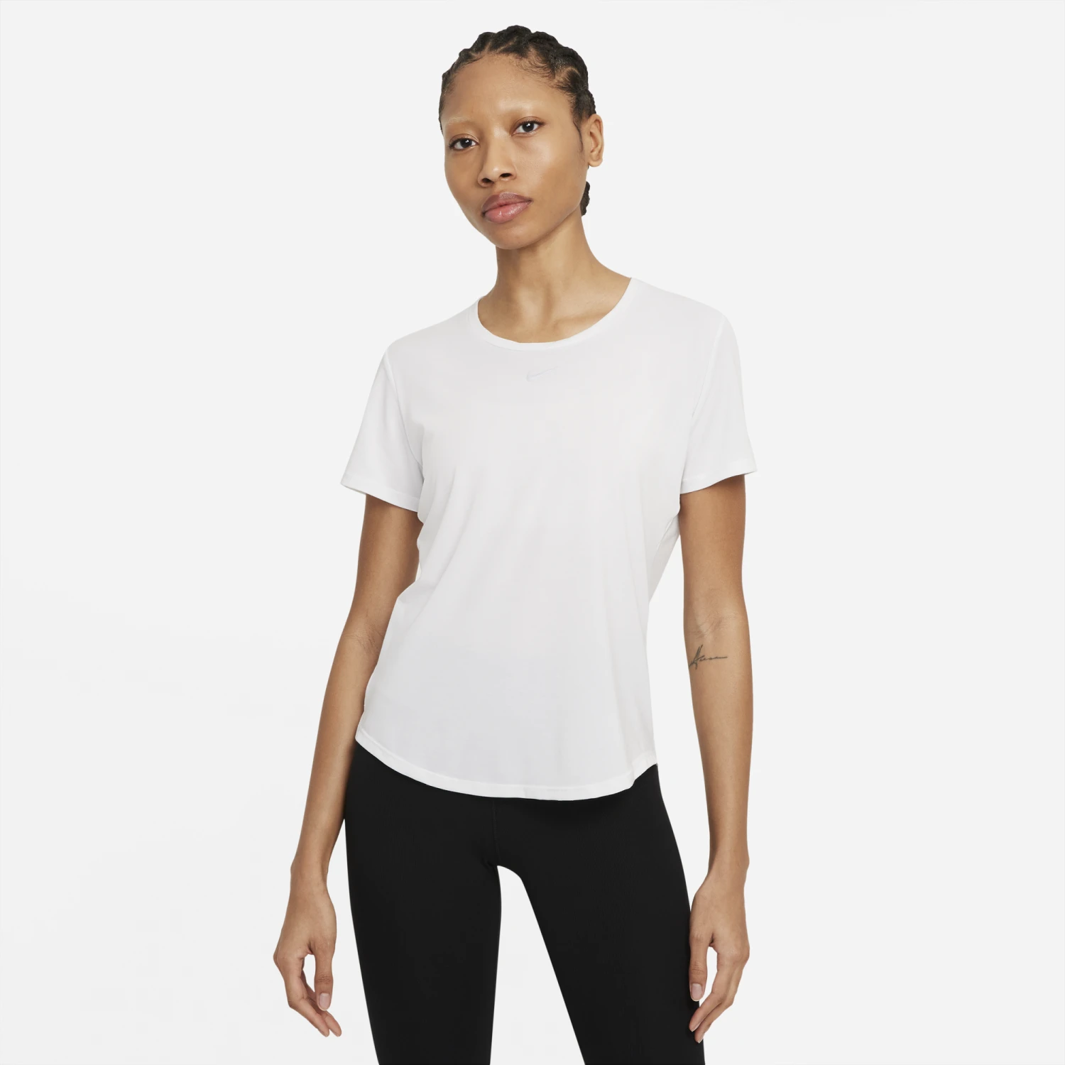Nike Women's DRI-FIT UV One Luxe Standard-Fit Short-Sleeve Top (100 - White/Reflective Silver) 1 Nike Women's DRI-FIT UV One Luxe Standard-Fit Short-Sleeve Top (100 - White/Reflective Silver)